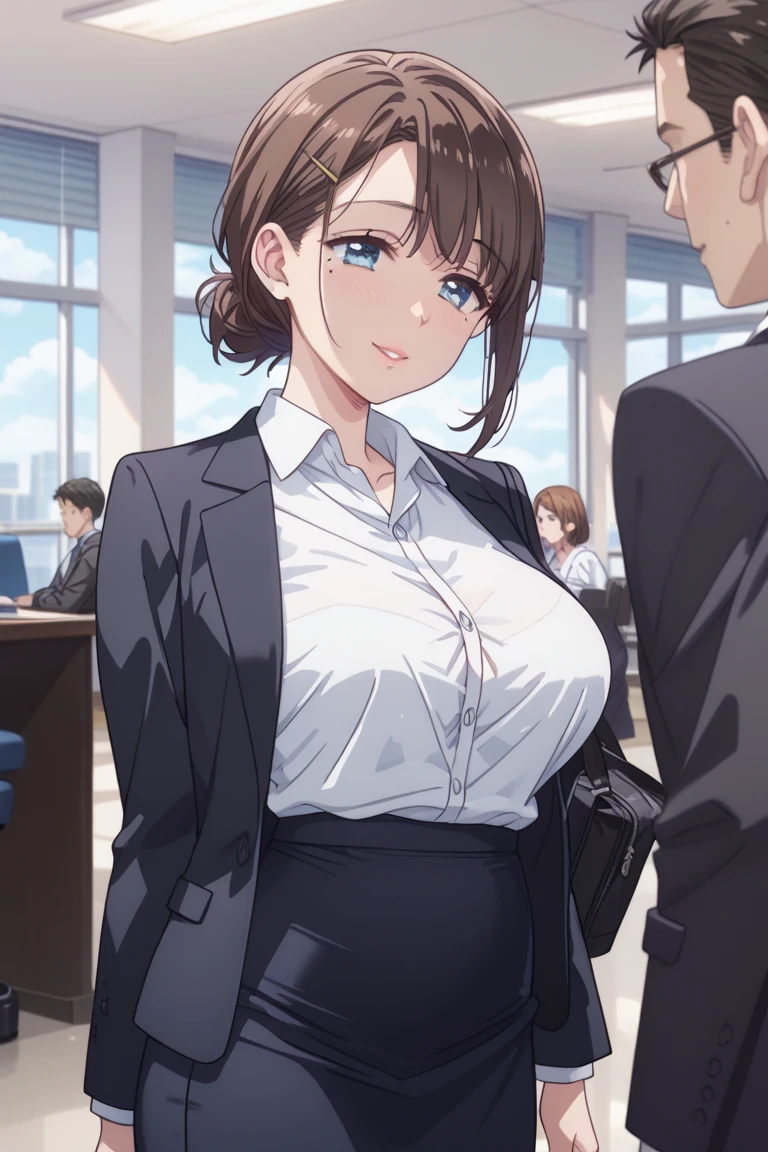 japanese lawyer, gigantic breasts, business suits, tight skirt, cleavage:-2, (buttoned shirts:1.3)