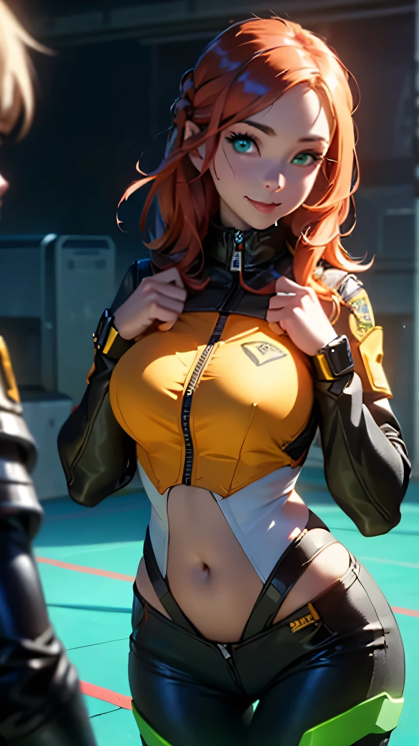 Gwen Tennyson,Tracer,Bulma,Rebecca Chambers,Overwatch,1 Girl,Sunlight,close up,Cyberpunk City,space ship,planet, The Mandalorian,military uniform,Bounty Hunter Gear,Green Long Sleeve Lycra Top,Long hair,silver earrings,Exposing belly,Holding a blaster, Gothic Makeup,Green Eyes,Orange Hair,purple hair highlights,Shy laugh, ,Large Breasts,beautiful girl,Large Breasts,Ultra Detailed,Practical,Fantasy Art,Exposing belly部,belly button,belly button眼,Exposing belly,Thong,Bare legs,Long legs,Meat Leg