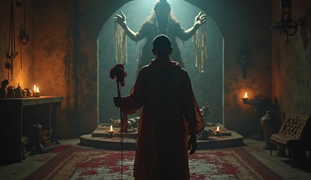 Top quality, masterpiece, old oriental background, 500 year old oriental shaman, casting a curse, messy hair, amulets thrown on the floor, temple interior background, candles on the floor, detailed image texture, creepy, horror, creepy atmosphere (not AI image), cloudy weather, fog, low color image, creepy, character filling the screen, image from various angles, delicate skin expression, wrinkled skin, colorless skin (grayish), figure wearing old oriental shaman's attire, white heavy makeup, with Buddha statue behind
