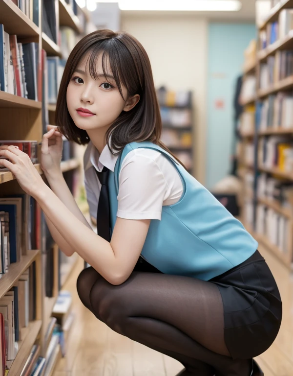 ((Top Quality, 8k, Masterpiece: 1.3)), Pretty Women with Perfect Figure: 1.4, (Big: 1.2), Highly Detailed Face and Skin Texture, Detailed Eyes, Tight Polo Shirt, Miniskirt, (Posed in the Library: 1.2), 1girl, Cinematic, Full Body, Goddess of the Japan, Short Hair, Smile, There is a Staff, There is someone reading, People are being watched