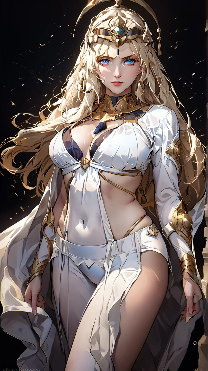Very detailed、highest quality、Best image quality、masterpiece、8k、Anime Face、A kind smile、Open your mouth、Sparkling blue eyes、(Blonde wavy hair:1.5)、、Muscles of the whole body、camisole、Thigh belt、mini skirt、(Wearing gold bikini armor:1.5)、(Cowboy Shot:1.5)、(Leg armor:1.5)、Armor