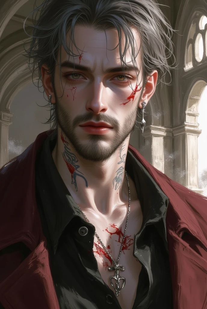 a drawing，A man looks at the camera，With a serious expression on his face，A handsome man's face was revealed in the middle of countless roses，Eyebrows are clear，There was a cold look in his melancholy eyes，There are teardrops in the corners of the eyes，Delicate skin，With a beard，Large ears，hair messy，The face has a faint blush，The lips are slightly open and bloody，Holding a black rose in his hand，Expose the chest，Blood stains on fingernails，The atmosphere is mysterious，The face is clear，Full of detail，localized light，Aperture dispersion，Oil painting feeling，Advertising hard photo style，High contrast between light and dark，Magazine cover design。