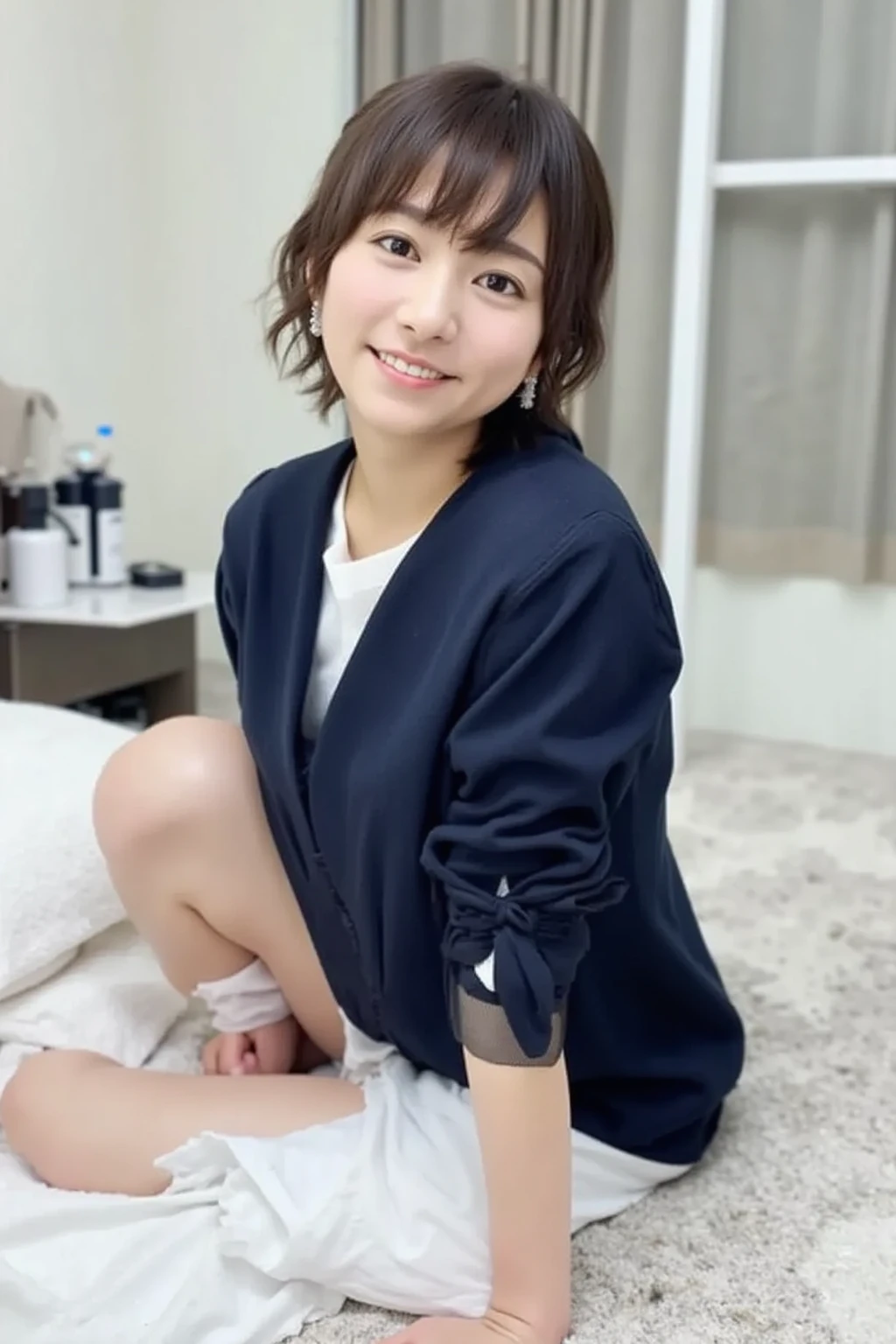 ((Hands roll up shirt、She is wearing a navy polo shirt and luxurious white panties.、:1.4))、Navy blue polo shirt and white panties、Outdoor shots、Cream hair color、Her huge breasts are obvious even through her clothes..、Small earrings、Light brown hair color、:1.4))、Shiny Hair、Light beige hair color、Background Blur、Light brown hair、{{Cowgirl Shot}}、((Close-up shot from the waist up、Big Breasts:1.4))、Big Breasts、にっこりsmile、服からでも分かるBig Breasts、Cowboy Shot、素敵なsmile、((Revealing clothing))、Full body photo、ring、Tuck your hair behind one ear、Silver Necklace、smile、Caustics、Highly detailed photos、Big Breasts、Super no makeup、(8K、RAW Photos、Highest quality、masterpiece:1.2)、(Realistic、Realistic)、1 Girl、((Big Breastsショートヘア、Looking into the camera:1.4))、Hair blowing in the wind