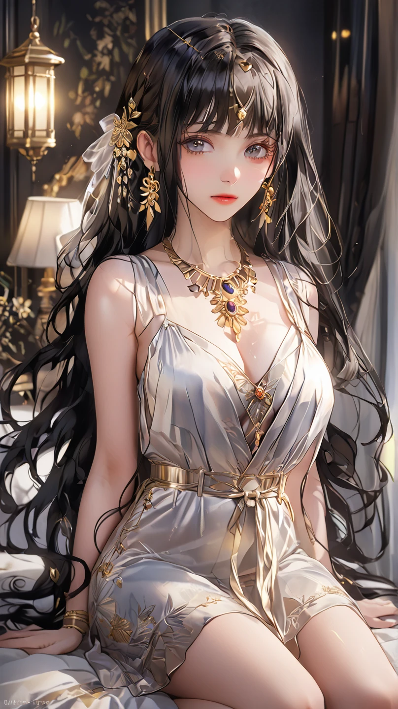 A girl with long black hair with white peekaboo highlights, golden eyes, fair skin tone, slender and athletic built, expensive dress, detailed hair, detailed body, best quality, aesthetic,8k,realistic