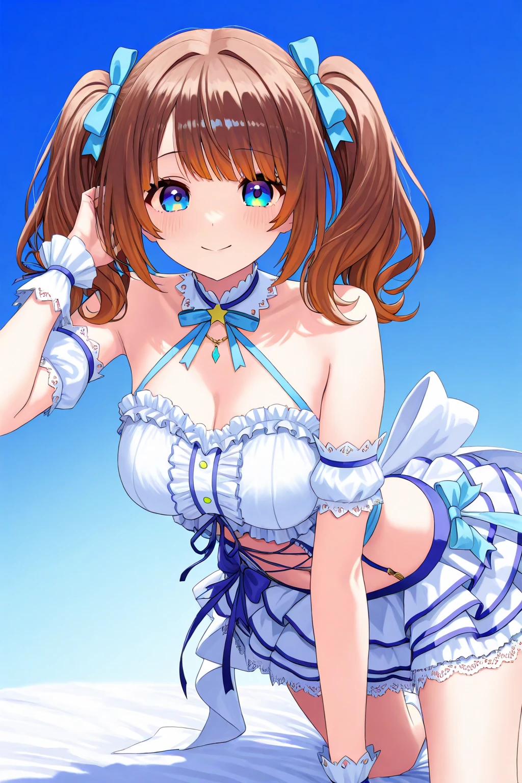 (masterpiece), (Highest quality), High resolution, (Very detailed), (Best illustrations), (Best Shadow), (so beautiful), (very cute), (Absurd), (Blue background), (Blue Room), (Blue carpet), Round face shape
(Highly detailed face), Perfect limbs, Intricate details顔,
(Minase Iori), 14 year old girl,
Dark brown hair, Long Hair, amount, Hair Clip, Brown eyes, ribbonが付いてるのヘアバンド,
Beautiful breasts, Small breasts, Shyness, smile, Pitiful, Her behavior is very quiet.,
Perfect limbs, Perfect Anatomy, Thin legs, Intricate details, Five perfect fingers, One person, so beautiful少女, very cute少女,Big eyes, slender, Tight waist,
Beautiful Skin, Wet, sexy,Charm, whole body,
(One person、solo:1.3), Full Shot, panoramic,
Erotic, ,
Maid clothes, Short skirt, ribbon,
Underwear with pink stripes, White frilly underwear, 小さいribbonが付いてる下着,
(Skirt Lift:1.2),(Grab your skirt:1.2),
Beautiful legs standing with slightly open legs, Front view, slightly above,