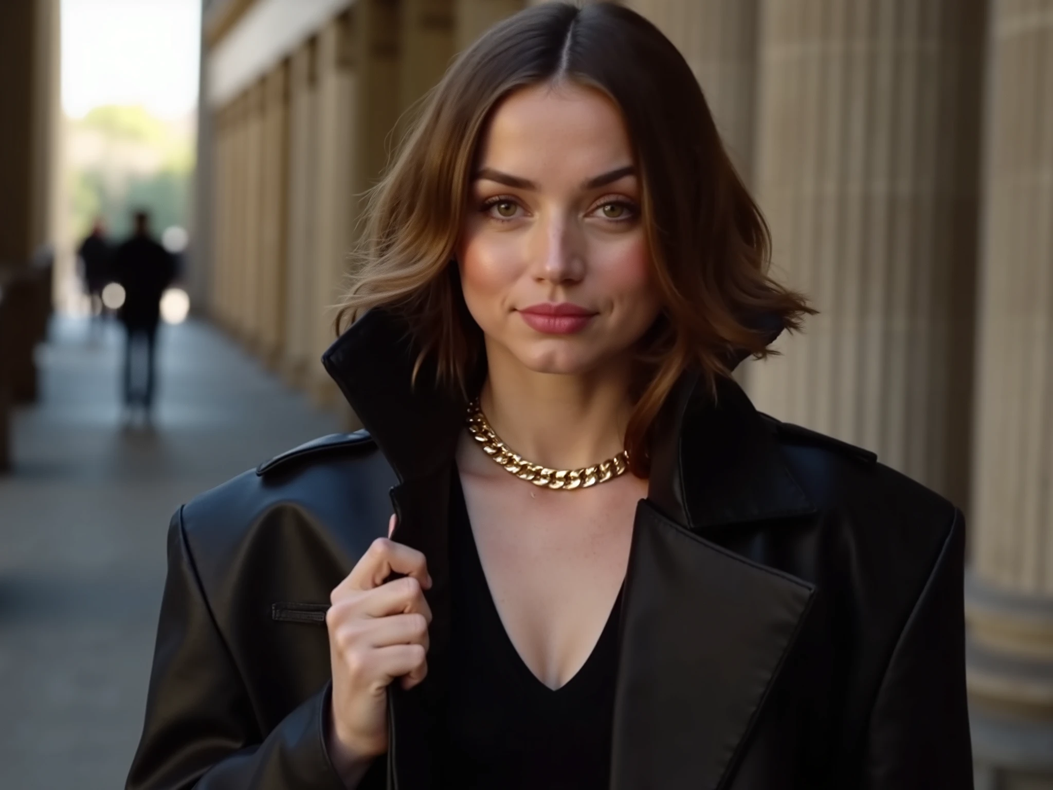 A confident ana de armas. The image is cropped from the waist up, with the subject closer to the viewer. She's wearing a sleek black leather trench coat with broad lapels over a fitted black top. A chunky gold chain necklace adds elegance to her look. Her expression is calm and poised, with a subtle, confident smile. One hand gently lifts the collar of her coat in a stylish gesture. The overall aesthetic is modern, classy, and minimalistic. Fashion editorial style, realistic lighting, sharp focus on face and outfit details, soft background blur (bokeh).