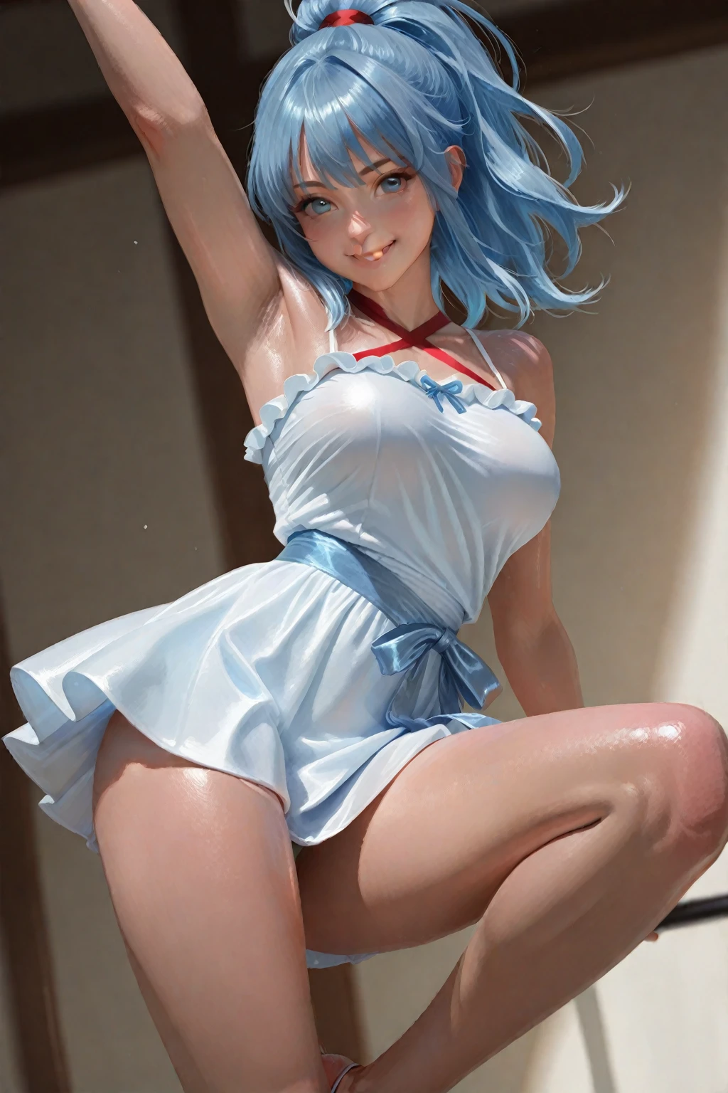 (nsfw:1.2), (8k, RAW photo, best quality, masterpiece: 1.4), ultra high definition, (realistic, photorealistic: 1.48), 20 yrs old, cute girl, (see-through white micro bikini:1.48), Japanese famous actor, (blue hair:1.4), short hair, (hair over one eye:1.3), blue eyes, head tilt, cowboy shot, from the side, looking at viewer, expressionless, beautiful lake, Zeiss 150mm f/ 2.8 Hasselblad, whole body, foot, super wide angle