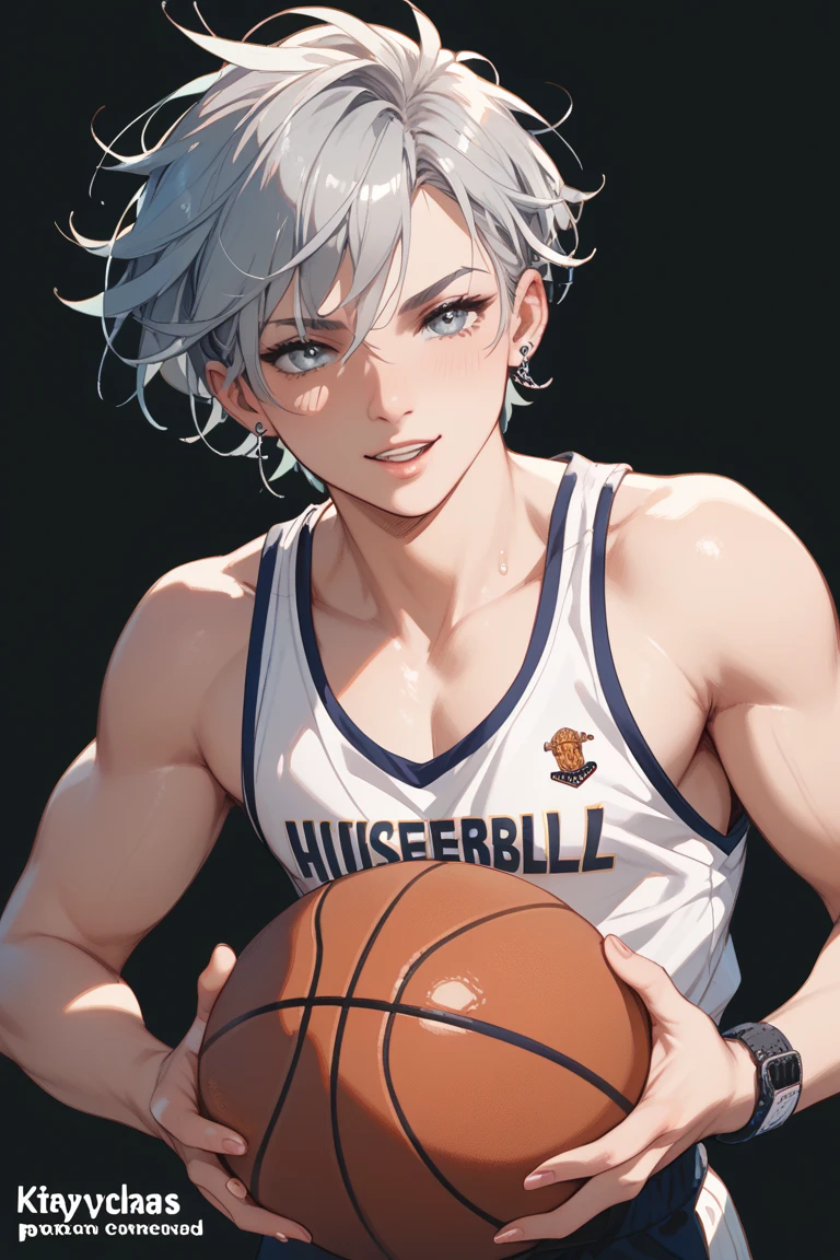 1 male, high resolution 8k, adult, handsome, perfect face detail, detailed eyes and face, clean shaved, sixpack realistic, white eyebrow hair, white eyelashes, dynamic lighting, unreal engine, hd picture, satoru gojo, Jujutsu kaisen, white hair, short hair ,hair between eyes ,blue eyes, white skin, Singlet, Boxer shorts, Hold the basketball
