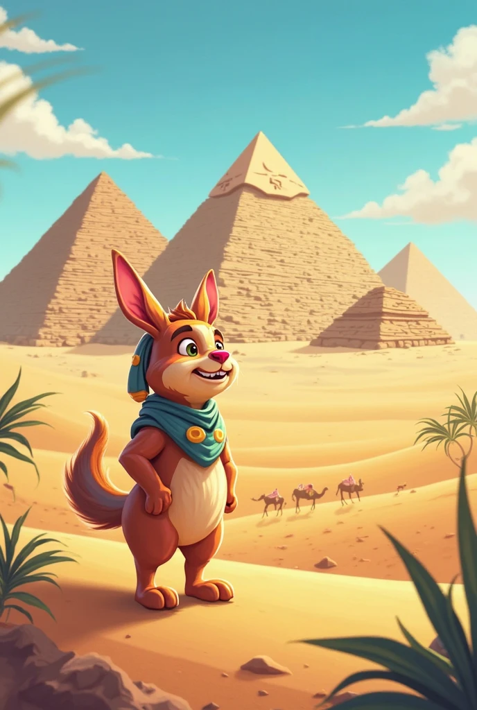 Masterpiece artwork, best qualityer, , standing alone, 1 girl, Judy Hopps,  velues, plein-air, HDR, blue skies, lighting sun, pyramid perfect light, animal nose, standing alone, leather detail, adorable epic movie concept, Egyptian clothing, gazing at viewer