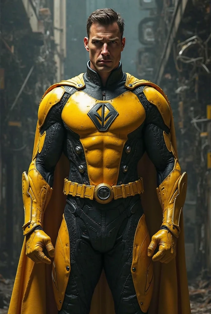 Create a superhero dedicated to chemistry, con traje negro y amarillo, rasgos latinos, capa y una letra Q en su pecho, 3d animation style