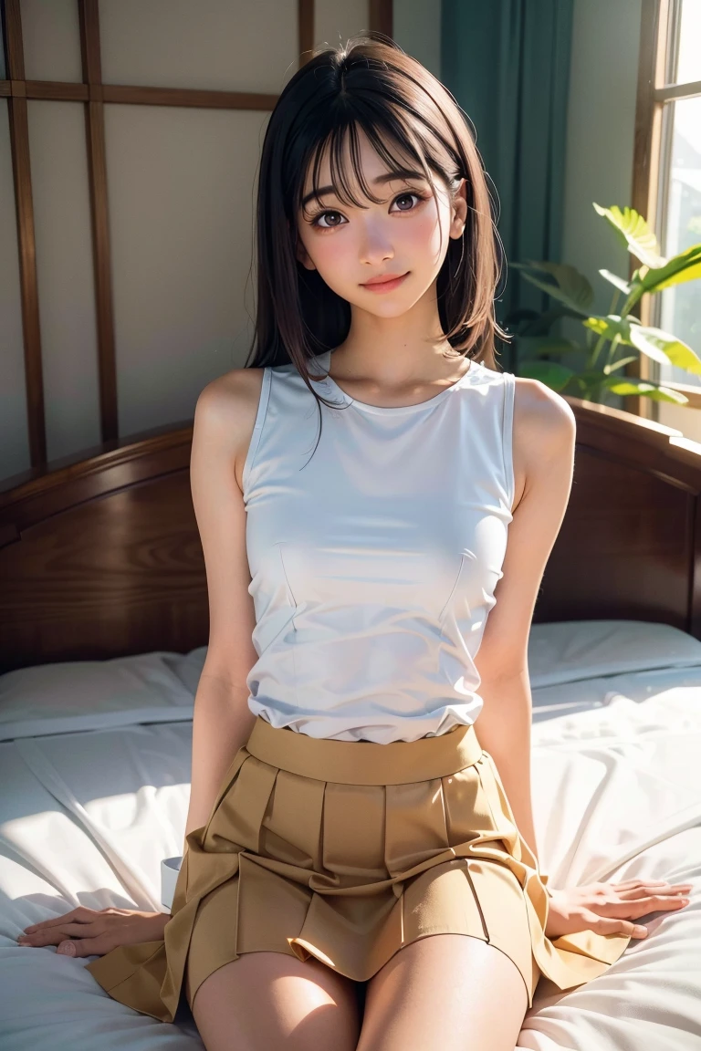 (in 8K、Raw photography、Highest Quality、realisitic、Photorealsitic、Professional Lighting、​masterpiece、extremely delicate and beautiful、Highly detailed、finely detail、ultra-detailliert、hight resolution、beautiful and detailed face、Textured skin、full-shot:2、low angles:1.5)、1girl in、独奏:2、beautiful model、美丽的面容:1.5、white tank tops、short red skirt、White panty:2、Long body、hi-school girl、poneyTail、１８age、brown curled head hair、high-heels、a park
