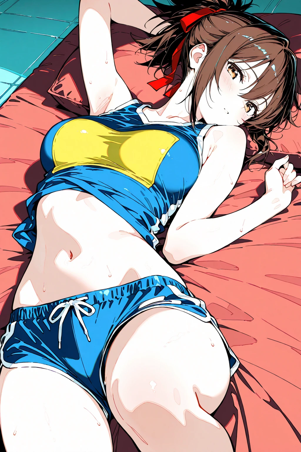 Ronnie Anne, hoodie, shorts, black eyes, ponytail, tanned skin, full body, curvy arms, defined legs, beautiful, pose, in the beach, long socks, curvilinear legs. one leg raised the other on the floor, stretching out a leg, two girls stretching and crossing legs between them