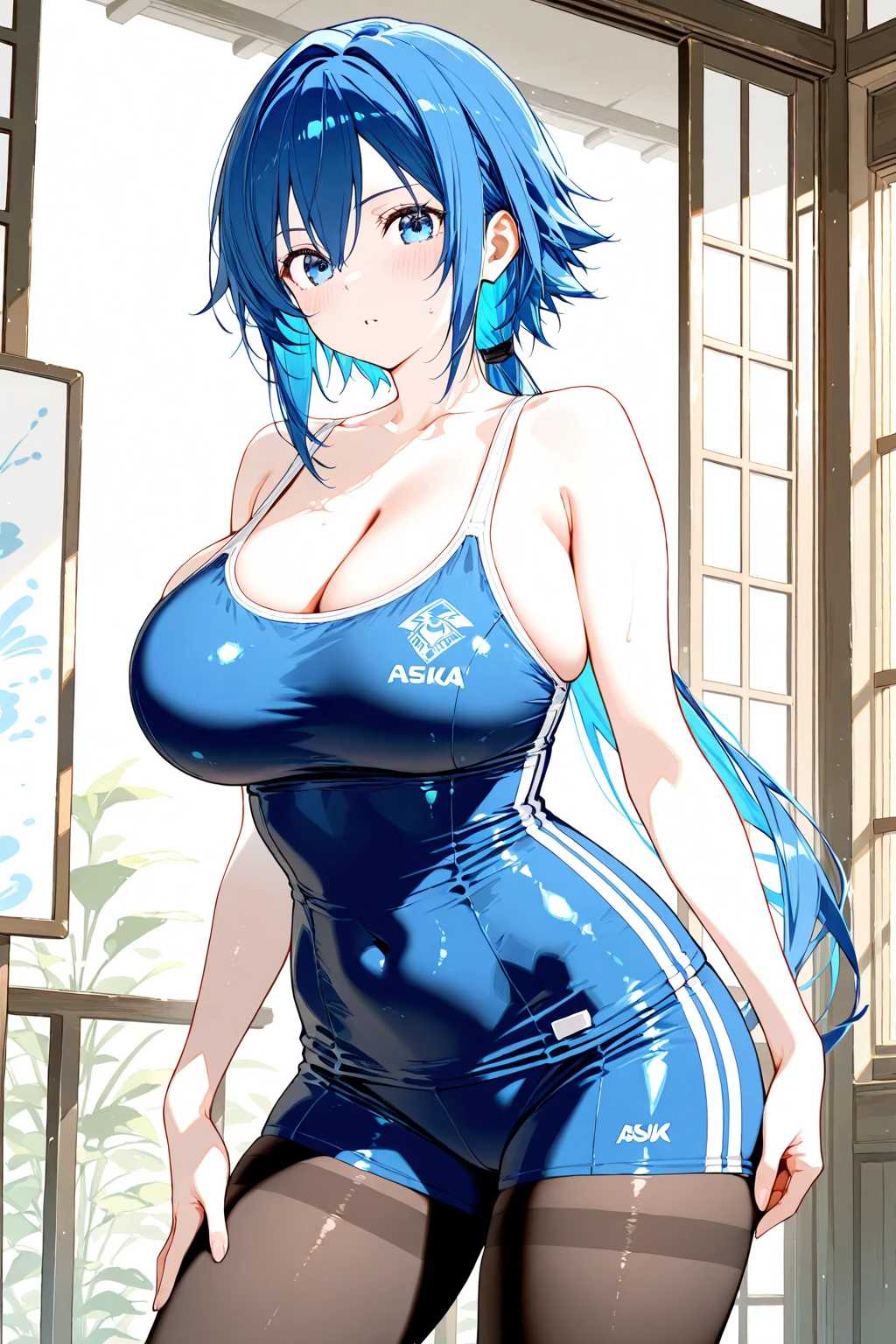 Anime, female, light blue hairs, yellow eyes, long hair, massive boobs, sports wear, thigh, bare shoulder, collarbone, sitting, looking at viewer, in building,