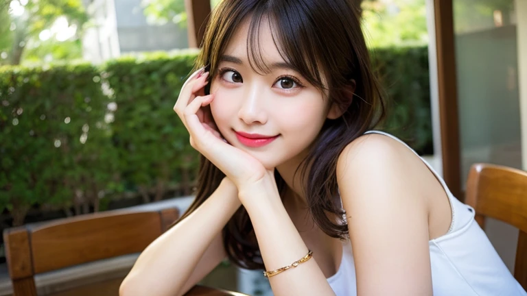 Tabletop, Highest quality, Super detailed, In detail, High resolution, 8k wallpaper, Perfect dynamic composition, Beautiful attention to detail,Short Bob Hair,Small breasts 、A noble brand of clean, oversized clothing、Natural color lip, Bold sexy pose,smile,20-year-old girl、cute、sexy shot looking at camera、High angle shot、teeth、Curvy but slim、Apple Watch、bracelet、Wink、cheek、Natural Makeup、Paris Fashion Week、actor、Looking up、Thin eyebrows、hair accessory、Shimokitazawa、plant、Mole、Show your side、