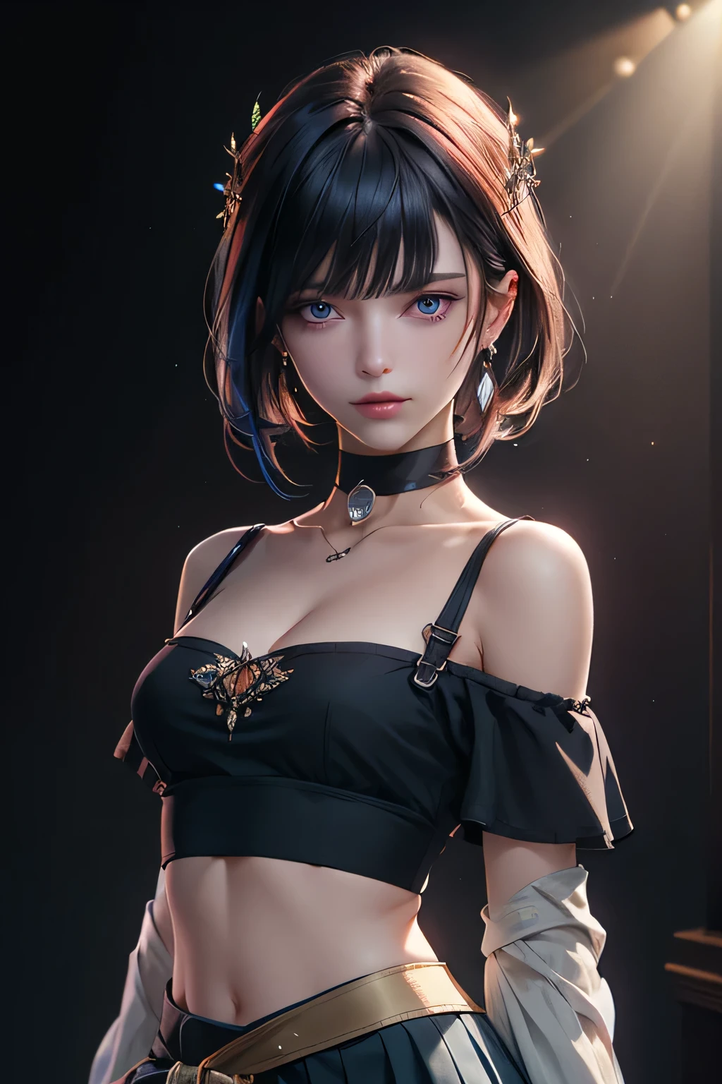  Amazing portrait of a sexy woman with a beautiful face emphasized by amazing makeup and beautifully detailed eyes with perfect lips wearing her short black hair in a bob with a white hairband blushing intensely as she's flustered and lustful wearing some elegant earrings and a black sleeveless sweater accentuating her medium chest paired with a cream skirt that accentuates her thick curvy body making her look hot with vibrant colors and soft lighting