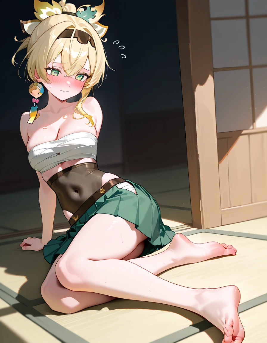 Nodoka necklace letter circle hoop earrings headband shorthair green bikini heels shoes dancer close your eyes boob panty stripper on the carpet floor