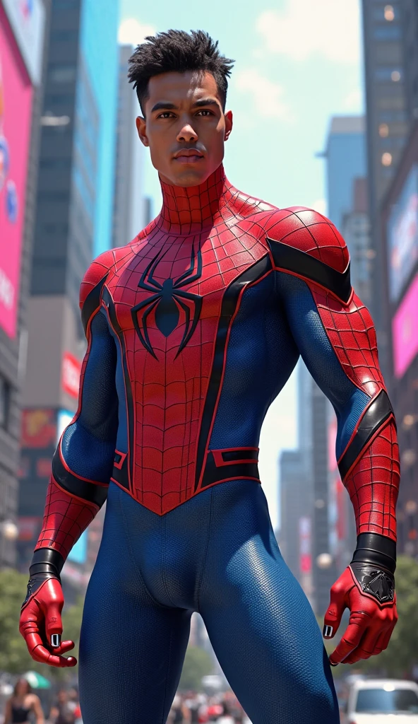 Raw photo, Handsome young man ,detailed body contours with Spider-Man cosplay, very large bulge in pants