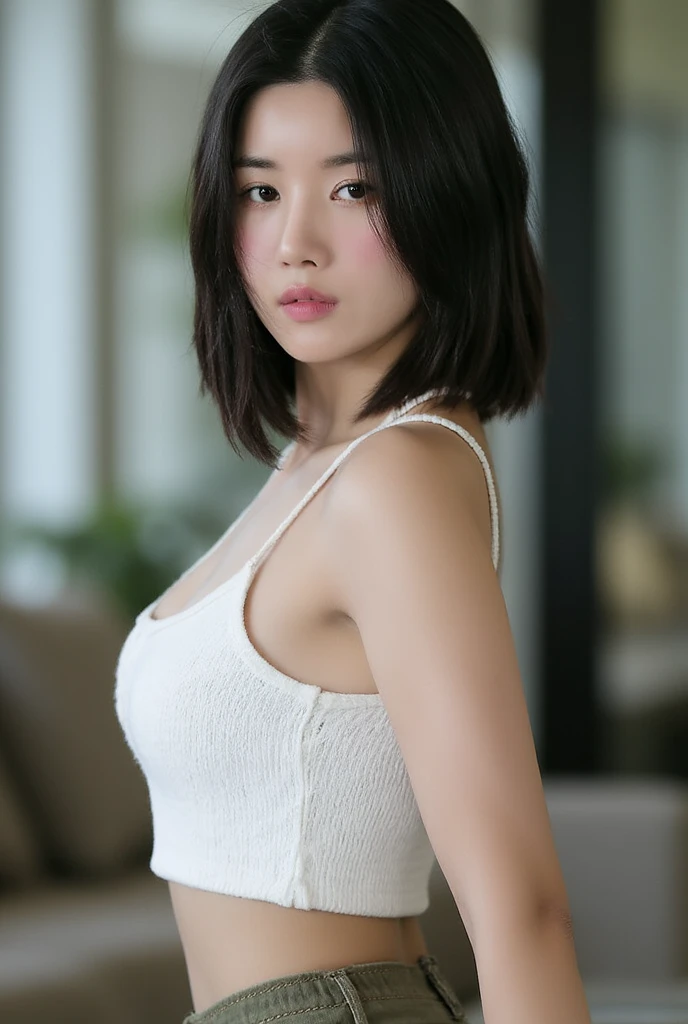 Mini short jeans skirt, grey seamless ribbed cami top with shoulder straps, size small, Huge breasts, Erect nipples, exposed belly bottom, masterpiece, best quality, highly detailed, ultra high res, (photorealistic:1.8), unreal_engine, photograph, realistic_skin_texture, rialistic photo、Real Images、Top image quality、masterpiece, white skin color, gold hair, full body standing, outdoor, Main Street, Scrawny:1.7,