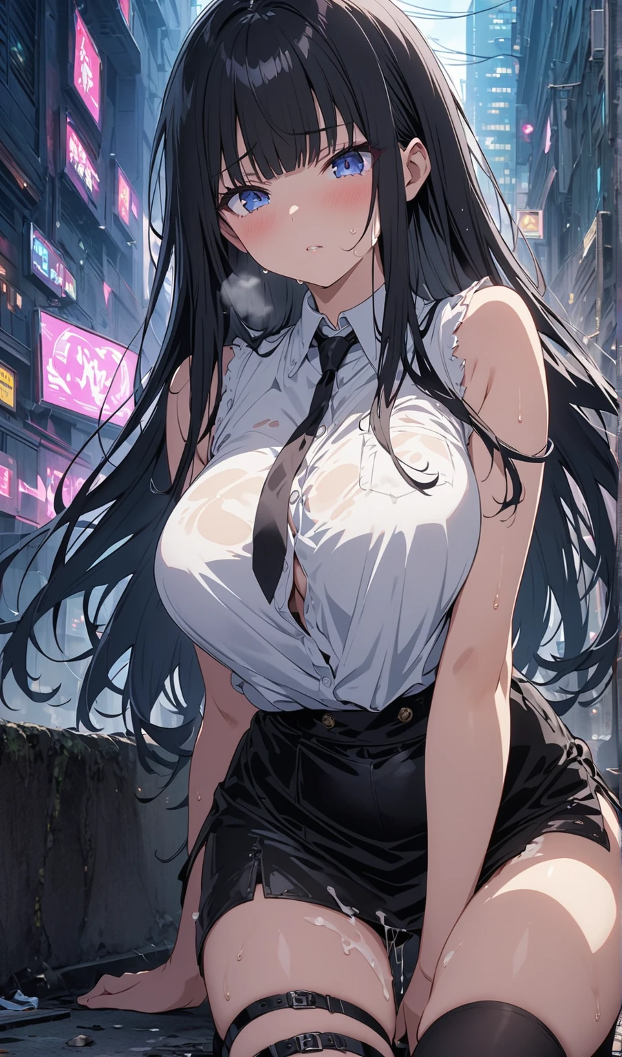 ((masterpiece, highest quality:1.3)),cowboy shot,25 year old beauty,solo,very small head,black hair,long hair,black eyes,blunt,skinny,medium breasts,long body,slender body,skinny,shiny skin,oily skin,sweat,shy,sad,,、Black tie、White long sleeve collared shirt、(Black tight mini skirt)、White panties、Wet crotch、Love juice、black_thighhighs、squatting,Shibuya Station、neon、at night、