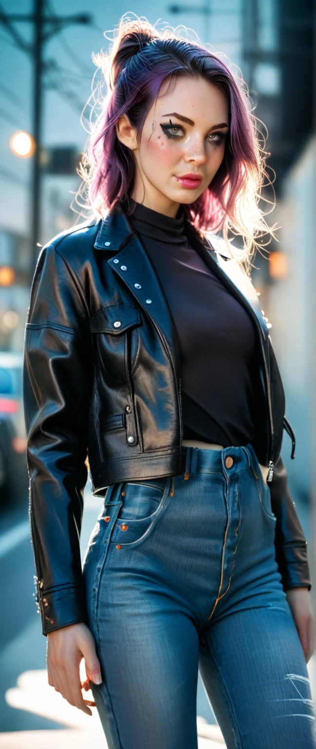 araffed woman in red jacket and jeans walking down the street, red skin jacket, red skin short coat, skin, short brown skin jacket, red jacket, dressed in short skin jacket, skin jacket, Short jacket, wearing skin jacket, skin clothing, skin clothes, short skin coat, cool red jacket, skin jackets, wearing a skin jacket