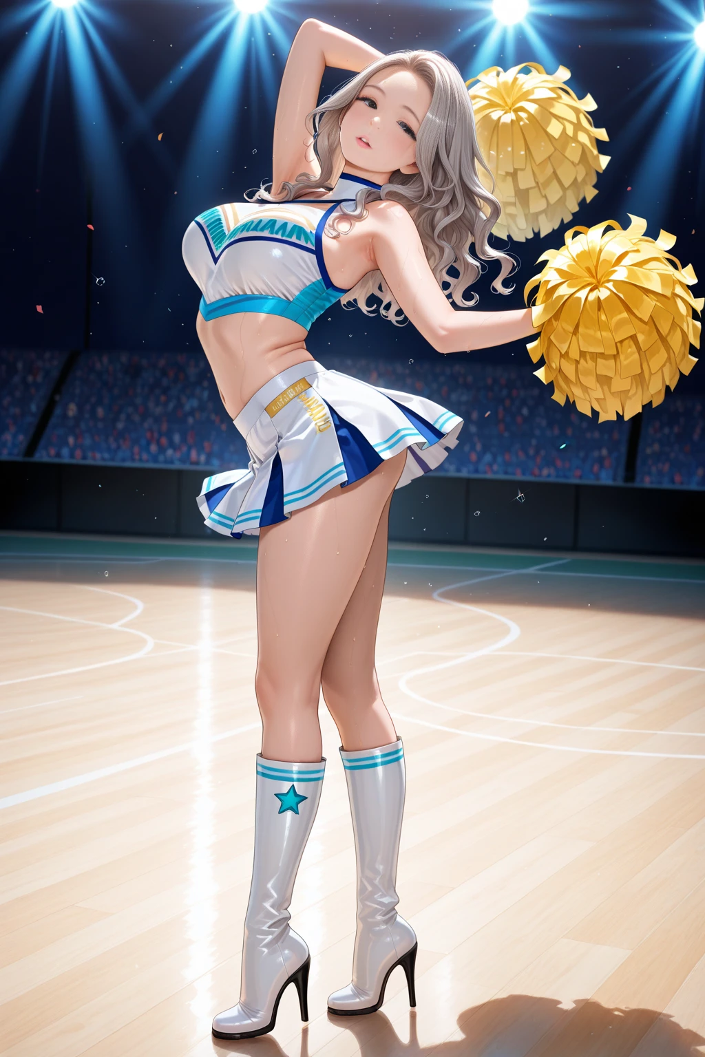 Cheerleader, dancing, crouching, stepping, showing armpits, raising legs,