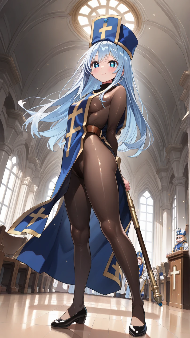 fantasy, (from below:1.4), fisheye lens, face focus, (close-up:1.2), full body, 24yo beautiful 1girl, priest, (impossible clothes), curvy, skindantation, (leaning forward:1.3), Hold your tall staff with both hands, victory pose, white and blue 宝石の付いたゴージャスな服, (rosary necklace on chest:1.1), long hair, cameltoe, (smile:1.3), (one eye closed, wink), outdoor, town, (masterpiece, best quality, high resolution:1.3), perfect anatomy, perfect proportion