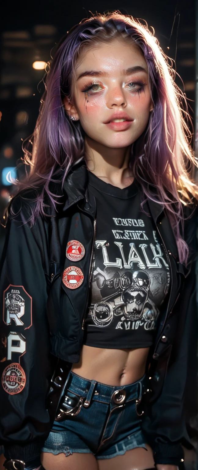 cinematic photo beautiful portrait of (((ohwx woman))) in a punk black leather jacket with studs, ((((skate park in the background)))), multiple ear piercings, multiple lips piercings, multiple eyebrow piercings, colored hair, skull necklace, kids on skateboard in the background <lora:sadie_dh128_lora_sdxl_v1_fp16:1> . 35mm photograph, film, bokeh, professional, 4k, highly detailed
