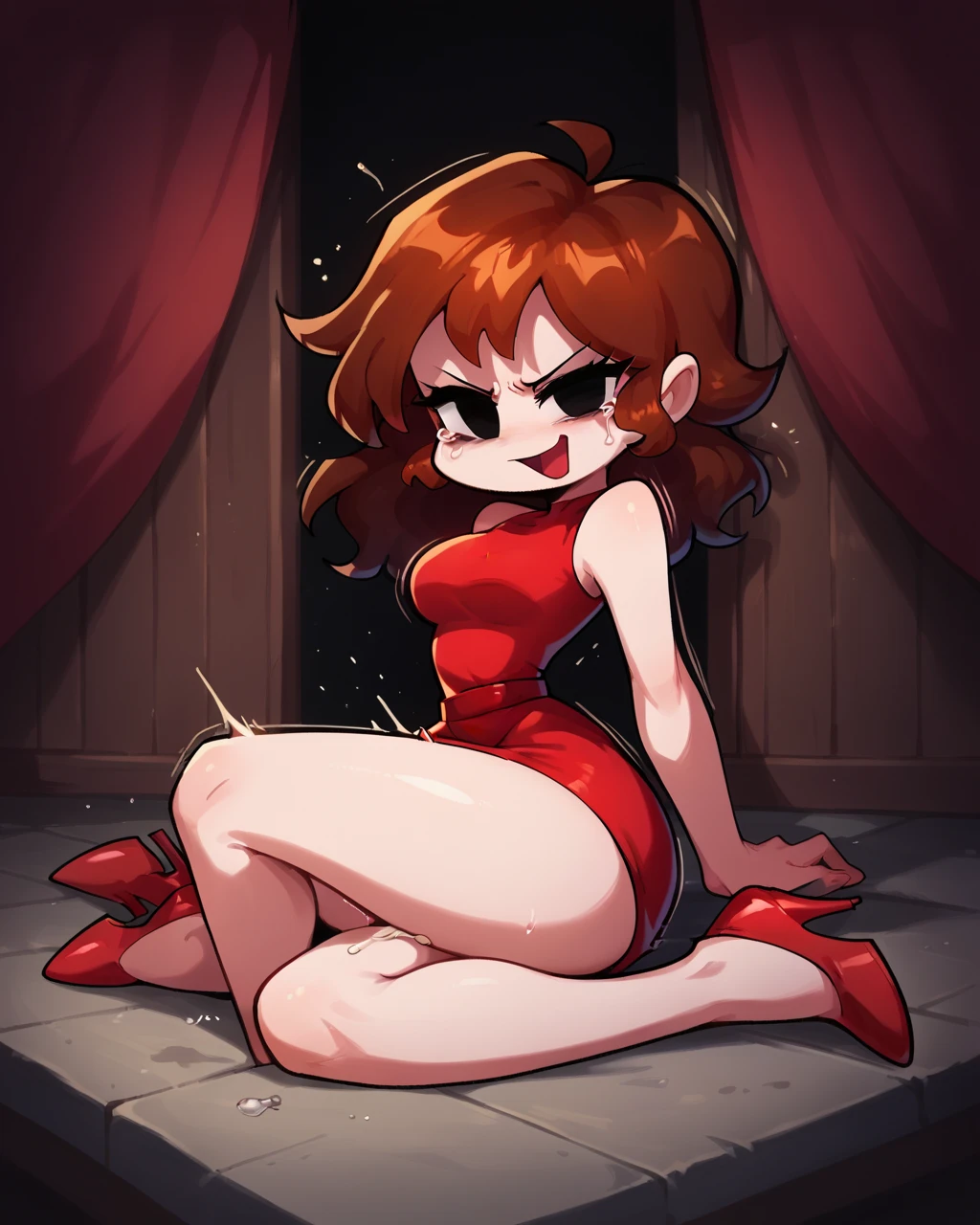 Masterpiece, best quality , nishikino maki, red hair, short hair, bob cut, black eyes, short red bodycon dress, red dress, strapless, sleeveless, sexy, sexy pose, sexual arousal, sitting pose, cleavage, necklace, elegant party, llchar