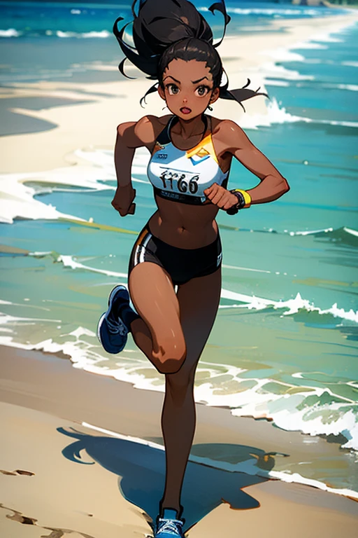 1boy, anthro, furry, black fur, fluffy fur, goat boy, femboy, black hair (yellow highlights), black sclera, white eyes, long hair, Messy hair, earring piercings, (19 years), thicc thighs, solo focus, (busy beach background), (looking away from the camera) , visible breath, sweating, smiling, (black short shorts) , big bulge, (blacks sports bra) , jogging along beach, dynamic angle, (soft shading), dynamic angle, score_9, score_8_up, score_7_up, score_6_up, score_5_up, score_4_up