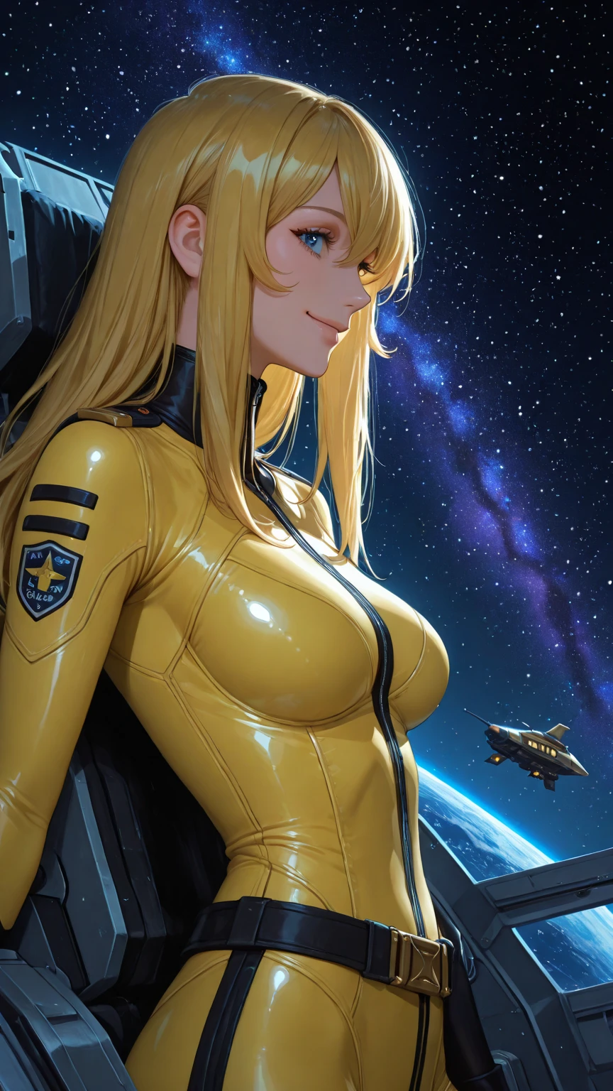 (masterpiece, best quality:1.2), (cowboy shot:1.1), solo, 1girl, mori yuki, slight smile, closed mouth, looking at viewer, blonde hair, thigh gap, (unzipped bodysuit:1.5), (showing her breasts:1.1),  (open bodysuit:1.5), lace bra, leaning forward, yellow bodysuit, skin tight, belt, large window, (starship porthole:1.3), from front, (spread legs:1.3), (standing:1.1), starship interior, (outer space view:1.1), (orbital view:1.3), (night, stary sky:1.5), milky way