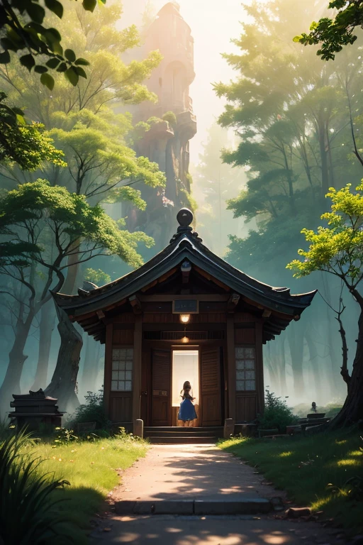 (Panorama, center, masterpiece, highest quality: 1.2), (8K, Raw photo, highest quality), ((masterpiece:1.2)), Realistic, Ultra-high resolution, High Contrast, Photon Mapping, Bright colors, Real, Ultra-detailed, Very detailed, Raw photo, Genuine, Official Art, RAW Photos, Professional Lighting, Light, Professional Writing, twiceLight, Vivid atmosphere, High-definition CG, Unity8k), early summer。Daytime。Alhambra。Eguchi Hisashi style、A girl and a white kitten can be seen in the distance。A girl and a kitten are sitting on an old bench looking towards you。green々A corner of the park、In the silence, the sunlight filtering through the trees is reflected on the ground.。One girl、Close your eyes、Take a deep breath、Its presence is felt as if it blends into the surrounding nature.。Next to the bench、There is a handwritten notebook and pen、The page contains new ideas and goals.。Behind it is a small old shrine.、A landscape where nature and manmade objects coexist in harmony。Nearby trees々The leaves are swaying in the breeze。Beautiful green gradation。An atmosphere that exudes the excitement of adventure。An atmosphere that makes you feel happy and joyful。 High Fantasy Worldview。 A magnificent composition。Beautifully depicted with the golden rule。 Guardian nebula of rainbow light and silvery vapor。Corrosive Encirclement Ray Family Color。 Slimy air。