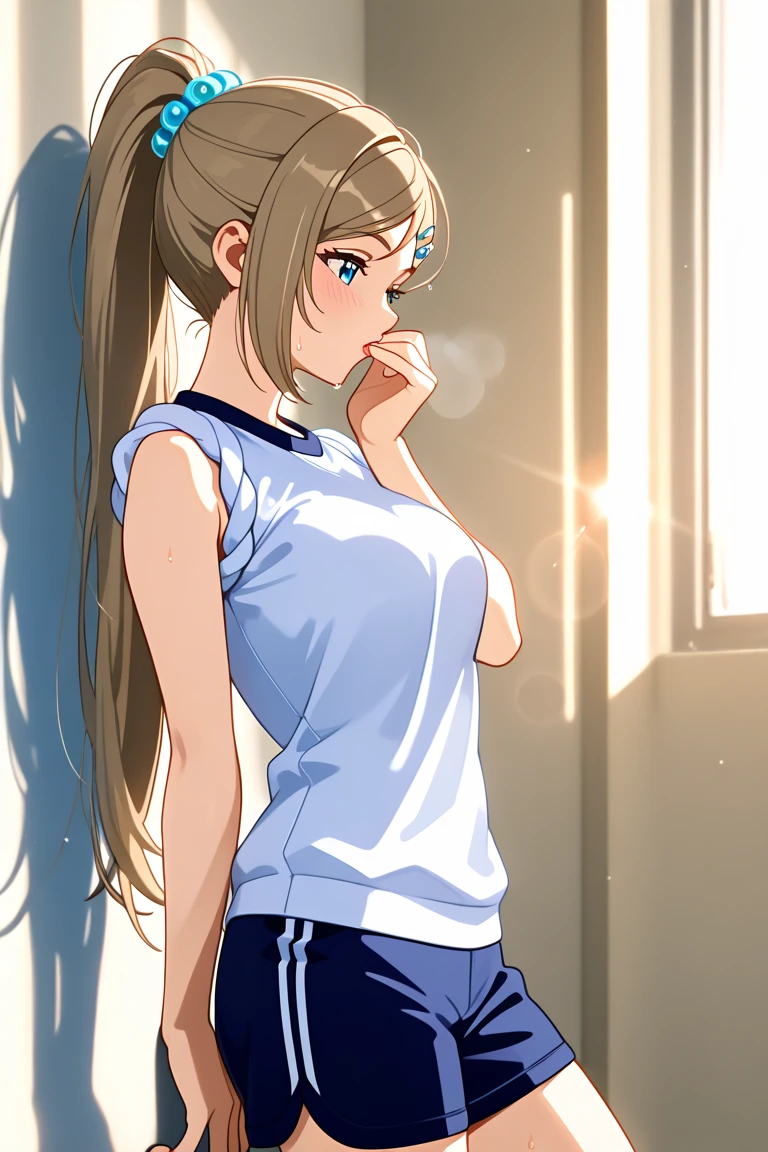 (high school girl、Tan Skin、Brown skin、Earrings、Change of clothes、cap、shirt、satin bra、Satin Panties)、(Hairstyle:french braid、Blonde)、locker room