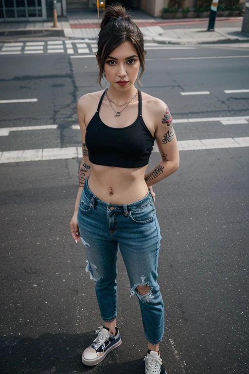 photorealistic, high resolution, 1women, solo, hips up, look at viewer, (detailed face), white hair, long hair, street wear, jewelry, belly tattoo