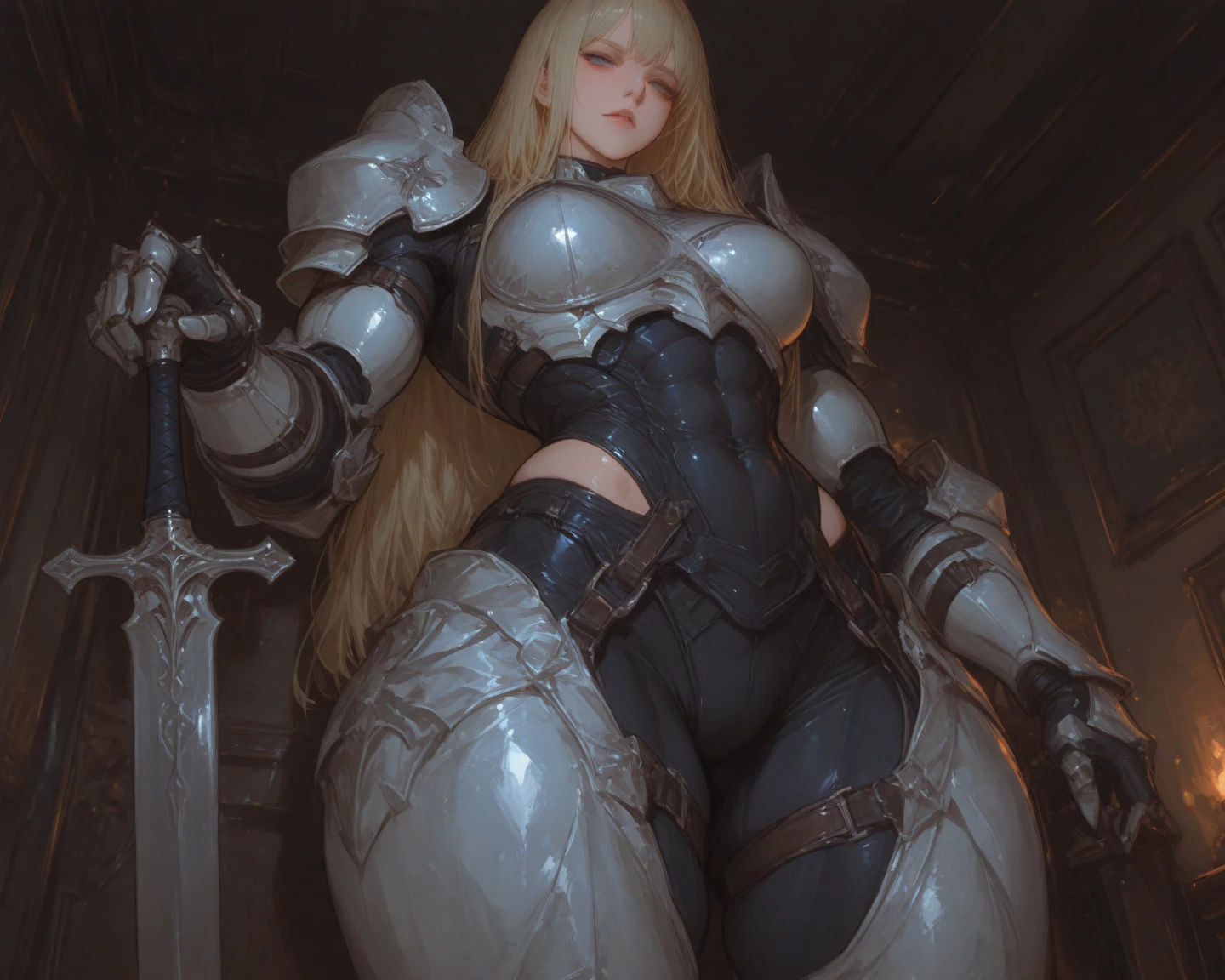 Super-detailed, 8k, 1 girl, mature, long blond hair, perfect figure, busty body, curvy body, large and droopy breast, slender hips, thick thighs, huge round ass, mech suit, defeated and passed out, lay down in the rubble, eye shut, ripped clothes, leg open, view from above