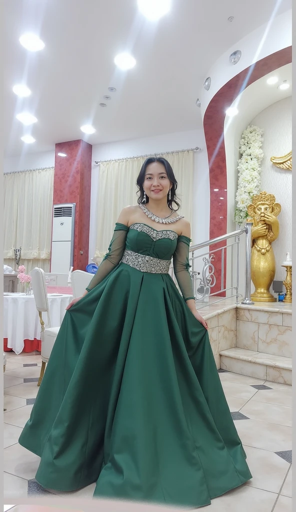 Realistic full body photo of a smiling, Young black-haired woman with long hair, She dances in front of the camera in a long A-line bridesmaid dress with off-shoulder straps made of shiny green satin., Park,glamour fotoshooting, Wedding celebration, perfect anatomy, perfect brown eyes. Perfect hands with 5 fingers on each hand, Matching girl, look into the camera, 1 Frau. (Eye make up:1.1), (highly detailed skin:1.1), spirit, analog style, keen focus, 8K  UHD, dslr, good quality, Fujifilm XT3, Grain, Award-winning, ​masterpiece. Wedding celebration