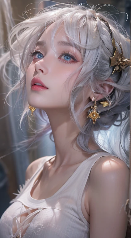 3d，Glory to Kings，New hero skin，change，heroines，Athena pictures，dynamic，Correct light and dark lighting，设计一款Glory to Kings貂蝉绝世的新皮肤 tmasterpiece， Best quality at best， Long flowing rainbow hair， blue， and green， tmasterpiece， Best quality at best at best， lamplight， saxophone blue， Platinum Earrings， Platinum Necklace， White dress，（动态照明：1.2）， 电影lamplight， exquisite facial features， 詳細な目， Sharp pupils，