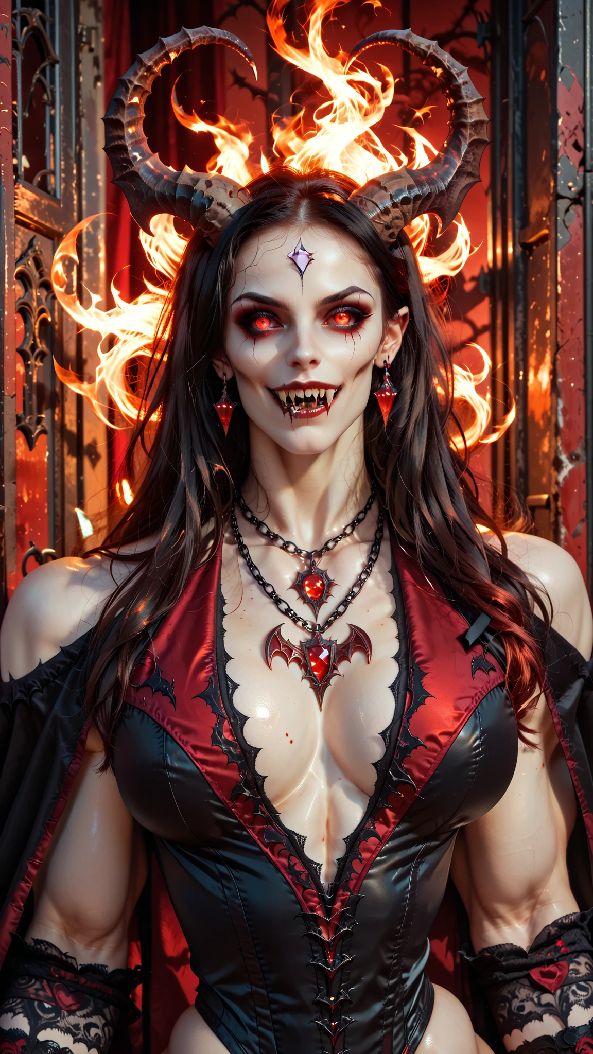 (full body shot:1.25), (beautiful demonic vampire girl face:1.75), hyper muscular bodybuilder vampire female, hyper muscular pecs, micro thong, naked, veiny muscles, veiny skin, veiny face, pale skin, fair skin, white skin, fibrous skin, burning crimson eyes, Black sclera, broken horns, pointy ears, teeth, fangs, red lips, black hair, silver earrings and necklace, highlight the earrings, red jewelry on necklace and earrings, necklace with jewel in the shape of a bat, bat-shaped earrings, dark gothic style, vampire style, narrow waist, narrow hips, skinny legs, flat chest, artist:moriimee, CyberRealistic_Negative_PONY_V2