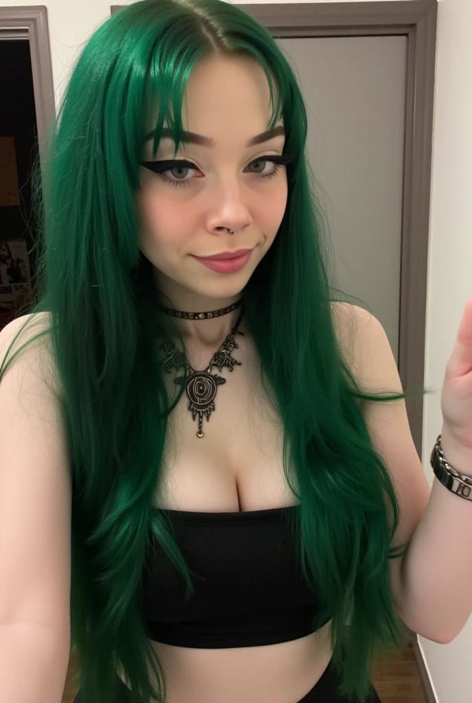 Photo shot of a beautiful woman, she has long hair, hair bangs, her green eyes shine, she smiles at the viewer, head slightly tilted, shallow depth of field, she has tatto,