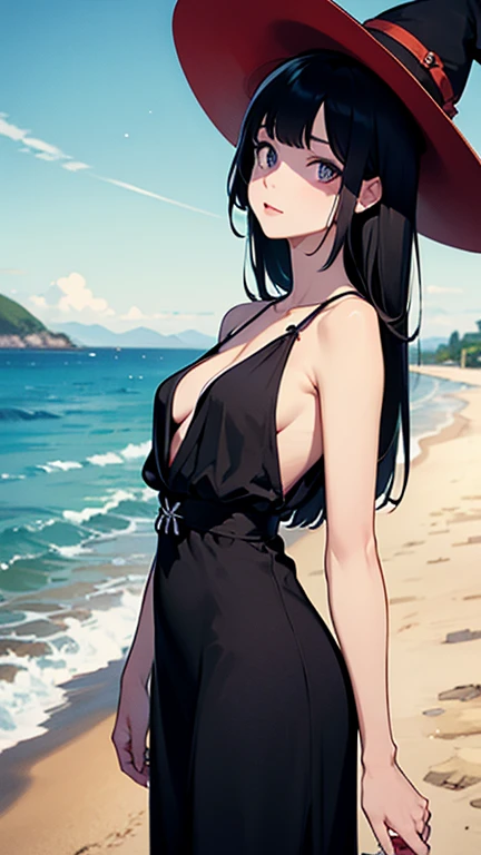 Elena Mori, 17 years old, teenage girl, long black hair, dark brown eyes, 165 cm (5'5") tall, slim but athletic figure, breast size Cup D, wearing Kuoh Academy , smile, beautiful, sexy, background on the beach in the morning.