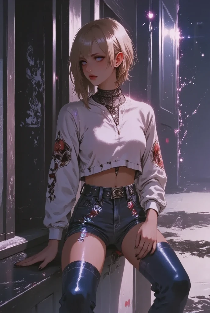 Teenage girl 18 years old, model, blonde, bob haircut, bangs, make-up, manicure, brown eyes, tanned, wearing a cropped top and very short shorts, nice figure, long legs, hot summer, sweating heavily, girl chained and shackled, girl's hands behind her back handcuffed and chained, handcuffed, hands tied behind her back, captive, slave, captivity, dungeon, imprisonment, sweaty armpits 
