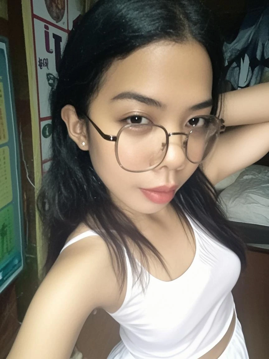 Fair white skin, indonesia girl, peach lips, 23 years old 160cm 55kg, black longsleeve, blue long skirt, sitting inside coffee shop. Wearing glasses. Bright face..