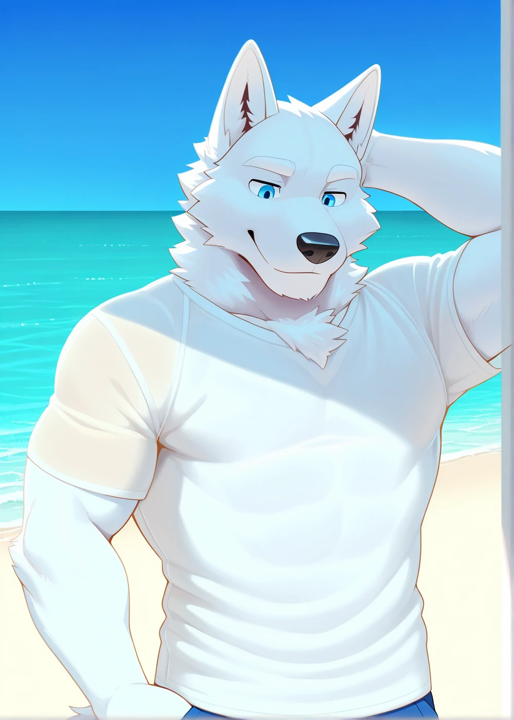 Gray furry wears a shirt with beach shorts showing his thighs with a very beautiful sheer and six-pack