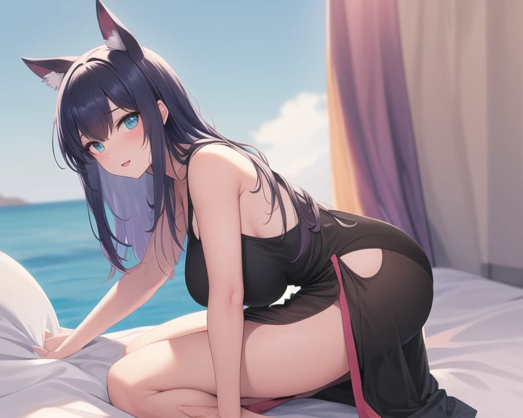 Neko girl with brown skin and dark brown eyes, with big and round breasts, Moaning, With feminine clothing in the Genshin Impact style 