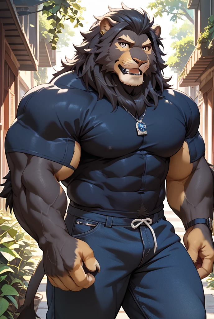 anthro (lion), feline, adult, solo, very muscular, thick neck, ((sturdy shorts)), flexing, ((posing)), epic, ((biceps flexing)), topless, tail, (brown fur, black mane, detailed fur:1.3), (ragged fur:1.1), bodybuilder, fighter, contest, scene, veiny muscles, detailed background, venue background, photorealistic, hyperrealistic, ultradetailed, (masterpiece:1.2), bulge, correct fists, uncensored, (((by grimfaust)))