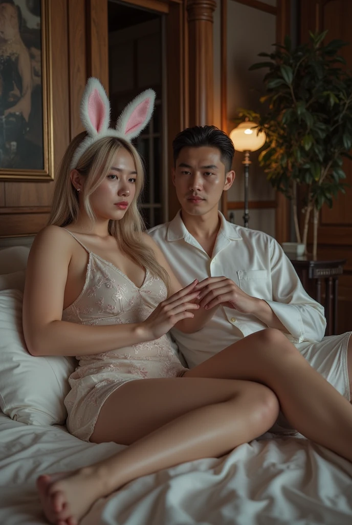 create img, beautiful young asian woman, rainbow hair style with pink bunny headband, wearing a combination of a red tank top and short skirt, voluptuous, sitting on the lap of an Indonesian grandfather wearing aviator glasses, both of them are sitting on gaming chairs, in front of 1 set of gaming computers, neon blue bedroom interior background.