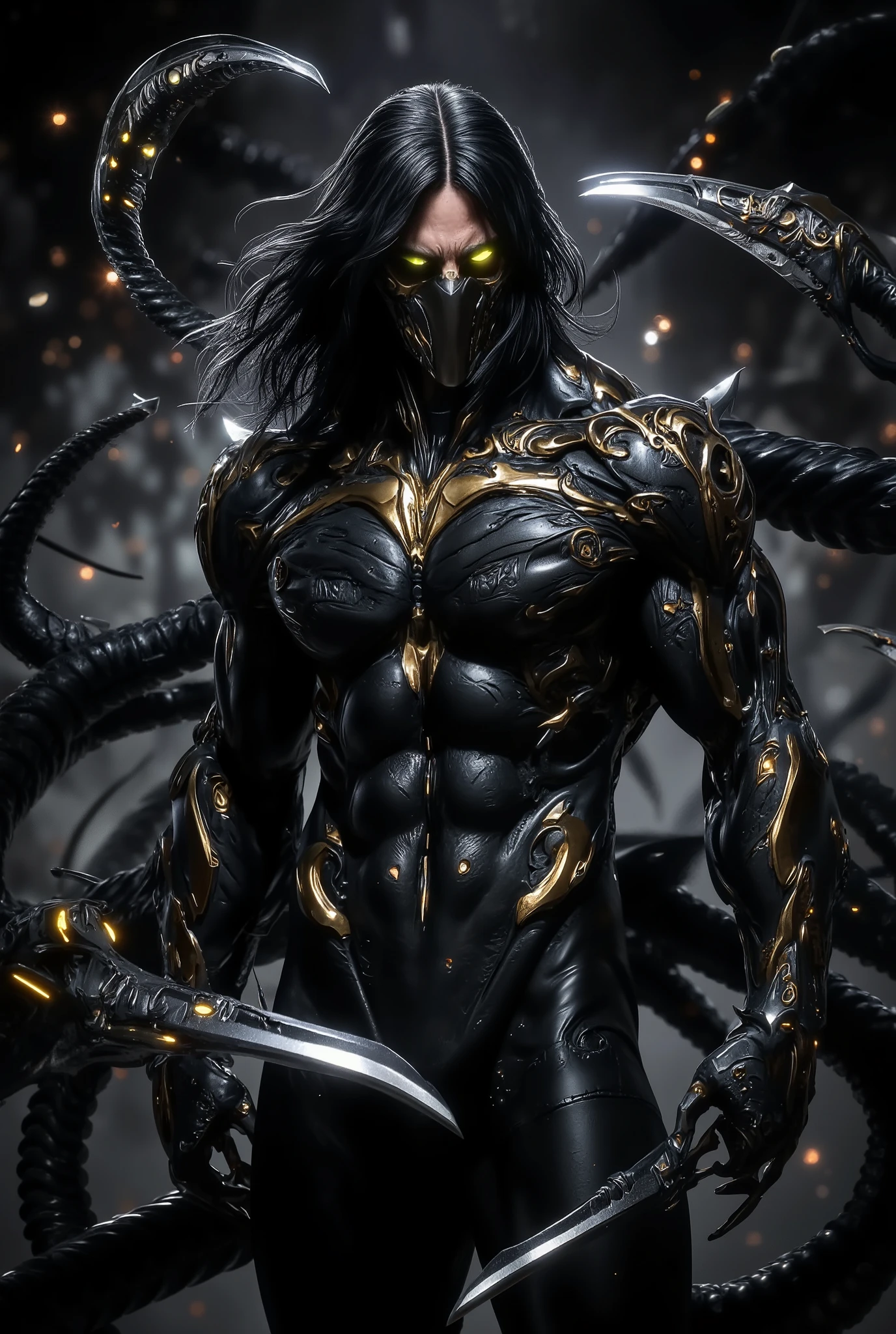 1boy ,The Darkness is typically depicted as a tall, muscular man with long black hair and a somewhat rugged appearance, intricate Full body armor with golden details, suggesting a fusion of technology and dark magic, glowing yellow eyes. He is often portrayed wearing a dark suit and a pair of sunglasses. The Darkness itself manifests as dark tendrils that surround Jackie and can be used as weapons or shields. Overall, Jackie Estacado's appearance reflects his dark and imposing nature as the wielder of the Darkness.,Jackie estacado, the darkness (character), two black serpent-like heads with mischievous creatures with sharp teeth and glowing eyes, brandishing knives,black tentacles,black tendrils,shaded face,long hair,black hair,black dressed,1boy,handsome male,mtms, witchblade, ,Looking at viewer ,dynamic pose,detailed lighting,high quality ,masterpiece ,absurdes,highres,epic composition,