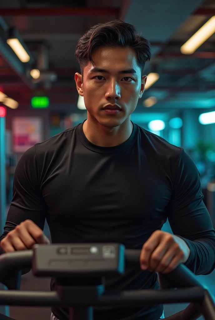 generate a master photograph describing a shapely Man, a fitness model performing a challenging core workout in a modern gym, (8K, best quality), smile, brown hair, black hair, (hard chest, six pack, v cut), He is in a sit-up position, showing off his defined abs. The gym background is sleek and clean, with natural lighting enhancing his physique, (He has sexy hard chest, Most sexy v-cut , Most sexy six pack), Manly, Mancore, (He has fit chest, sexy six pack, sexy v-cut, extremely sexy hips), (asian skin, glistening skin, beautiful complexion), shot on Fujifilm superia, (Studio soft light, high detail, cinematic lighting, rim lighting), Style: (hyperrealistic, by DynastySeries FashionNova, photo, {{{masterpiece photography}}}, analog photograph, professional fashion photoshoot, trending on artstation, synthwave, krrrsty), Quality: (photographed, masterpiece, highest resolution), Definition: (highres, sharp focus, 8k uhd, ultra photo-realistic resolution), Film: (80 mm, shot on portra 120, shot on Fujifilm), Resolution: (extremely detailed, (sharp focus:1.5), cinematic lighting, dramatic lighting, ultra photo-realistic), luxury: