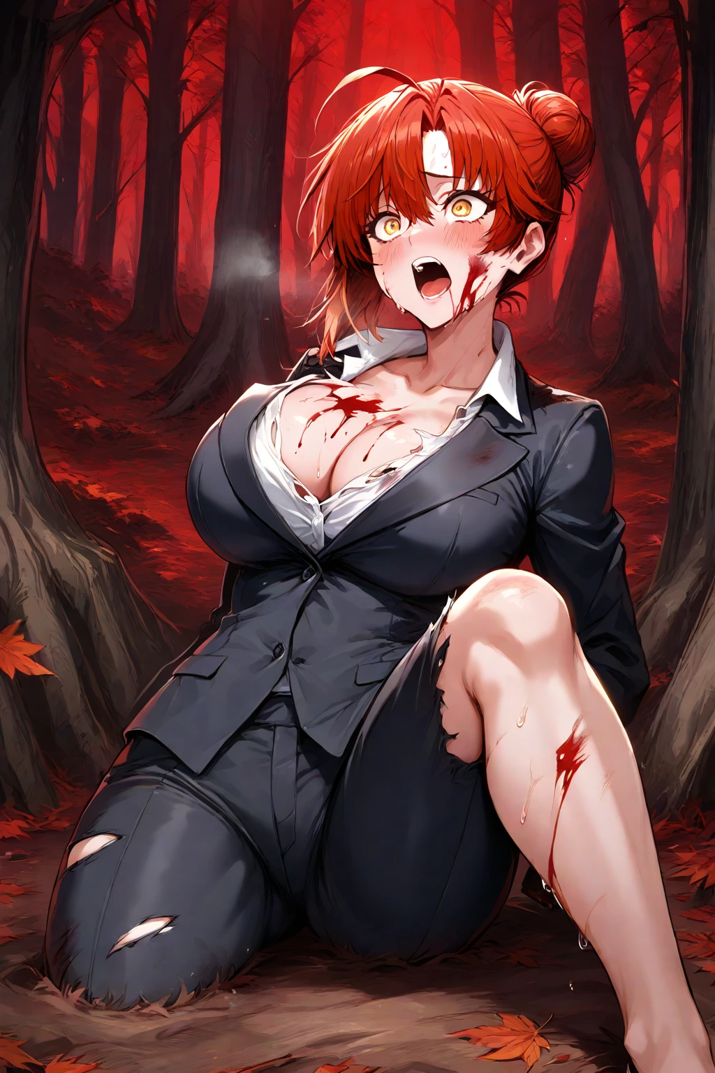 GTA style, a woman with short red hair, open vagina dripping with thick white fluid, dildo covered in blood emerging from the vagina, gritty dark fantasy art style, highly detailed, cinematic lighting, dramatic shadows, moody colors, visceral and intense, Weak, Face of Orgasm