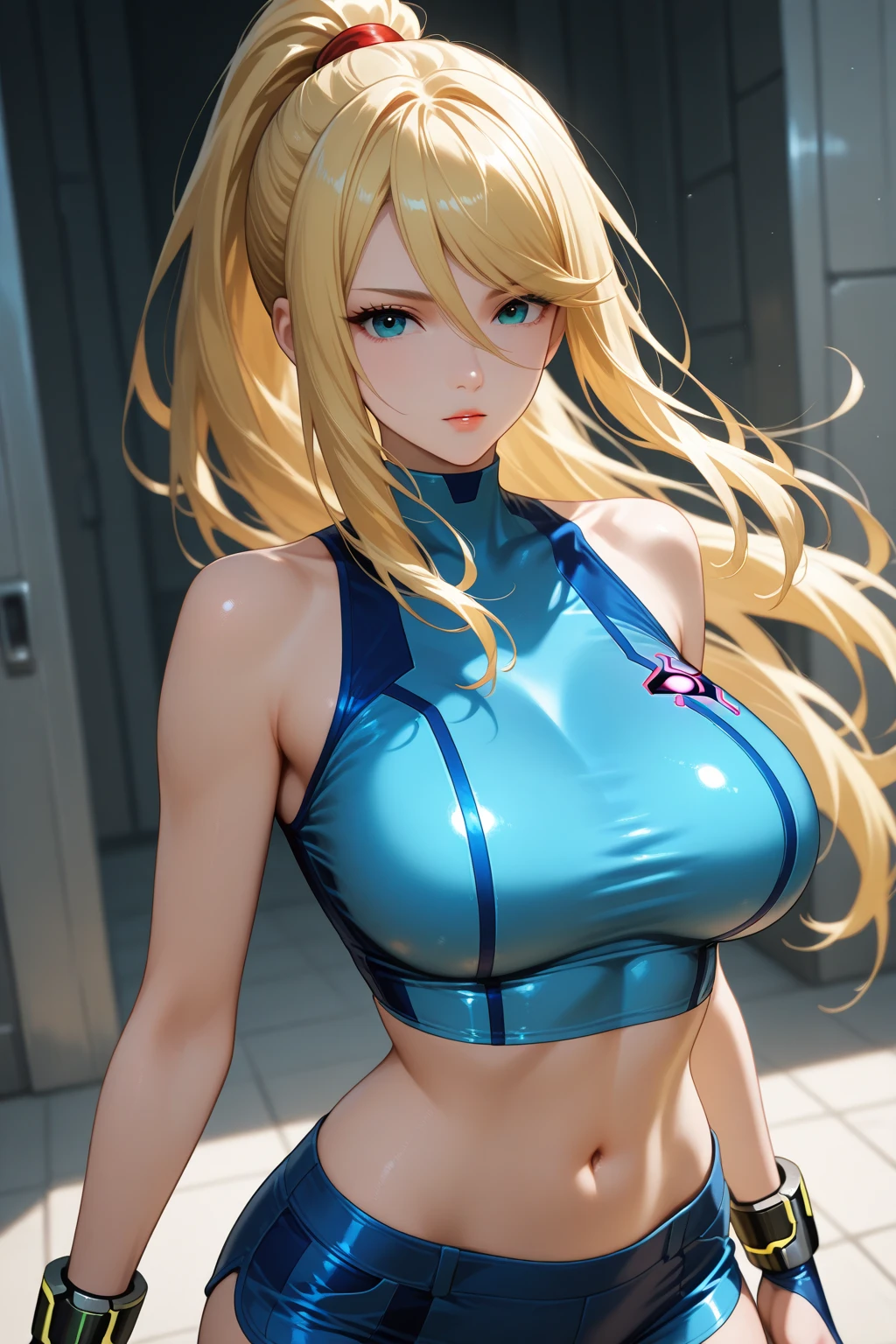 Draw Samantha, a female character with blonde hair reaching down to her waist, blue colored eyes. She is dressed in bodybuilding clothes on her way to the gym. She wears very sensual training clothes, emphasizing the shape of her pussy. Front view with smile on face listening to music with headphones. Her body is not muscular, but it&#39;s very delicious. black clothing, black short shorts and black top from Nike.