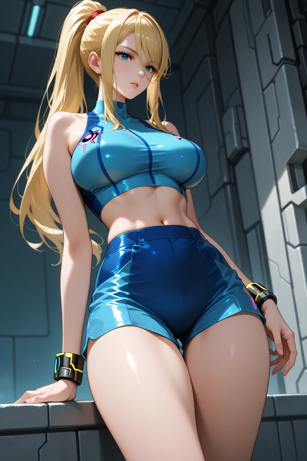 Cowboy shot, Samus, 1980s \(style of\), 1girl, blond hair, hair in long ponytail, retro artstyle, very long hair, blue bikini, slim waist, slim hips, athletic, cleavage, night city background